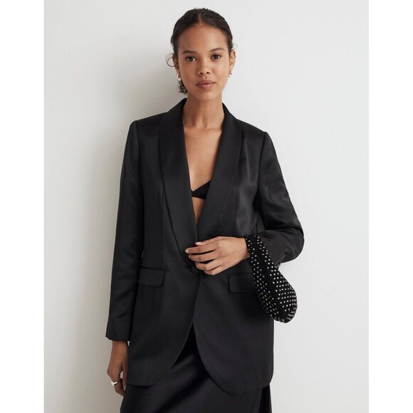 Madewelll Soft Satin Oversized One Button Blazer True Black Size 2 NWT $188 - Picture 1 of 12